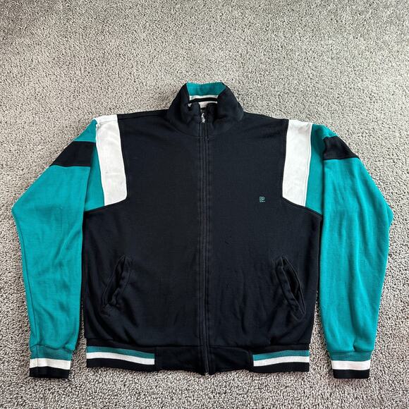 VINTAGE 90s Pierre Cardin Track Jacket Mens M Black Green Full Zip Knit Coat - Picture 1 of 13